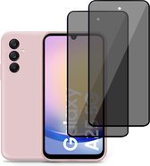Hoesje + 2x Privé Screenprotector geschikt voor Samsung Galaxy A25 – Privacy Tempered Glass - Back Case Cover Roze