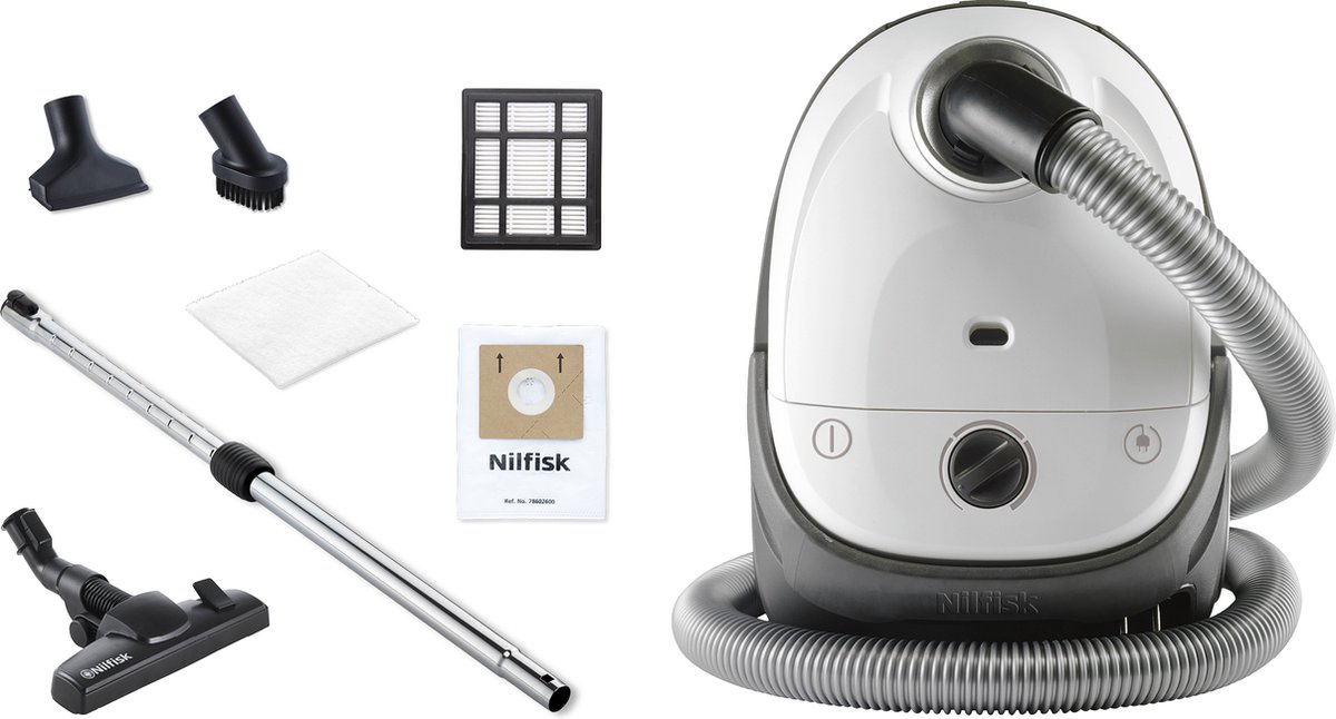 Nilfisk One wit, stofzuiger met zak, compacte stofzuiger, krachtige zuigkracht, instelbare zuigkracht, wendbaar, eenvoudig op te bergen