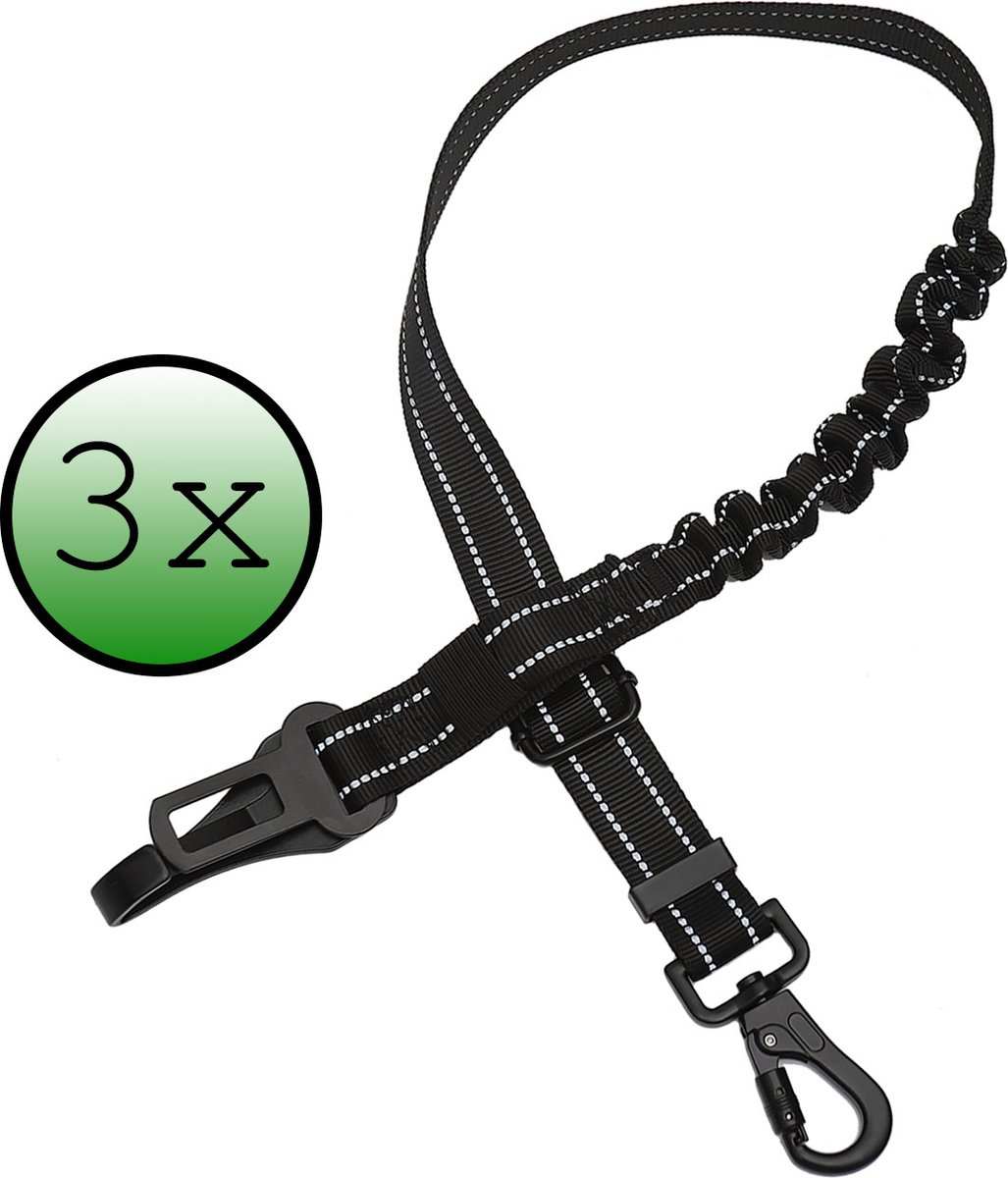 Autogordel Hond Hondenriem Auto Hondengordel Flexibel - Luxe Hondenriem Auto Met Kliksysteem en Haak - Zwart - 3 Stuks