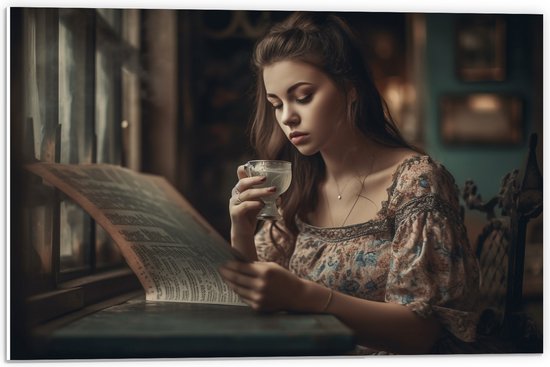 PVC Schuimplaat- Vrouw - Lezen - Drinken - Glas - Boek - 60x40 cm Foto op PVC Schuimplaat