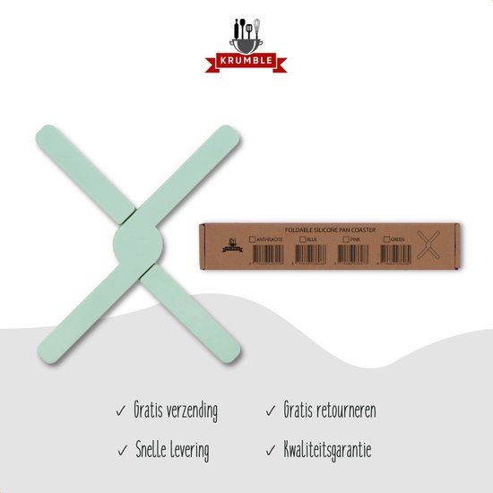 Mintgroene, opvouwbare pannenonderzetter naast de verpakking met 'Krumble' logo.