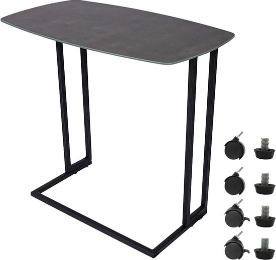 Bijzettafel C-vorm, banktafel met wielen, salontafel van donkergrijs gehard glas, bijzettafels voor woonkamer, koffie, laptop, balkon, 60 x 35 x 61 cm (L x B x H)