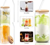 Glazen Set & Bamboe Afsluit Deksels - Set van 2 glazen - Eco-vriendelijk - Cocktail - IJskoffie - Smoothie - Thee glas - D&L Merchandise - Glas met rietje - Glazen rietjes