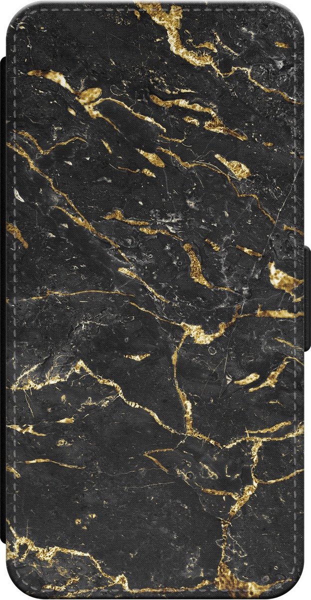 Leuke Telefoonhoesjes - Bookcase hoesje geschikt voor iPhone 14 Pro - Marmer zwart goud - Wallet case met pasjeshouder - Marmer - Zwart, Goud