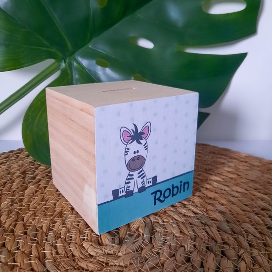 Houten spaarpot - Zebra - Jungle - Safari - Dieren - Sterren - Jongen - Baby - Blauw - Groen - Kraamcadeau - Hout - SVP NAAM DOORGEVEN PER E-MAIL van SVP — afbeelding 5