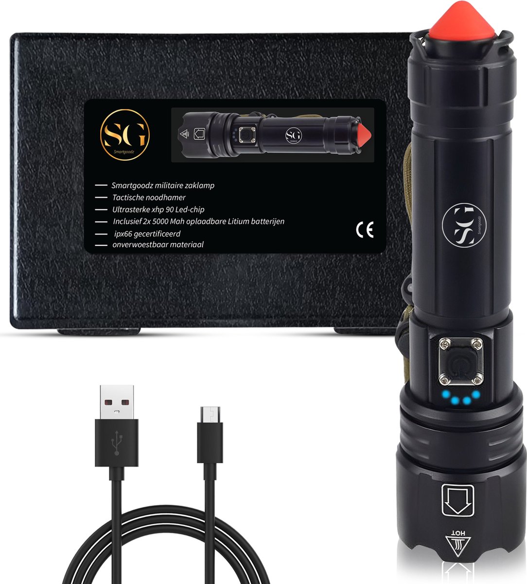 Smartgoodz - Zaklamp - Usbc Oplaadbaar - Powerbank - 2500 Lumen - 2x batterij - Noodhamer - Tactische Zaklampen - 2 jaar garantie - LED - SmartGoodz
