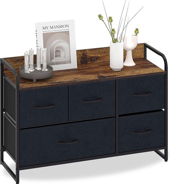 Commode met 5 schuifladen, suède, stoffen kast, laag sideboard, vintage ...