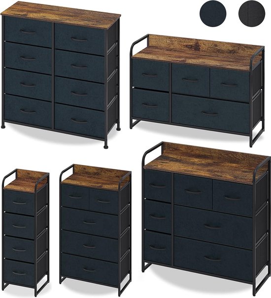 Songmics Commode Met 5 Lades - Staal En Stof - Rustiek Bruin En Zwart Industriele Stijl