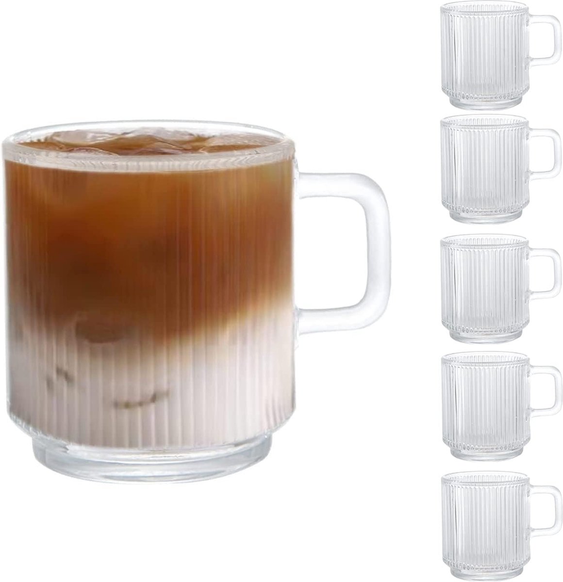 [6 PACK, 350ML] - Premium Glazen Koffiemokken met Handvat, Klassieke Verticale Strepen Thee Cup, Transparante Thee Glazen voor Warme/Koude Dranken.