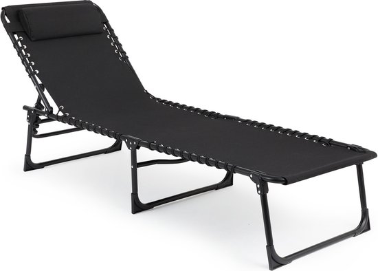 909 OUTDOOR Opvouwbare Ligstoel - Zwart - Met Kussen & Verstelbare Rug - 189x59x30 cm - Tot 110 kg