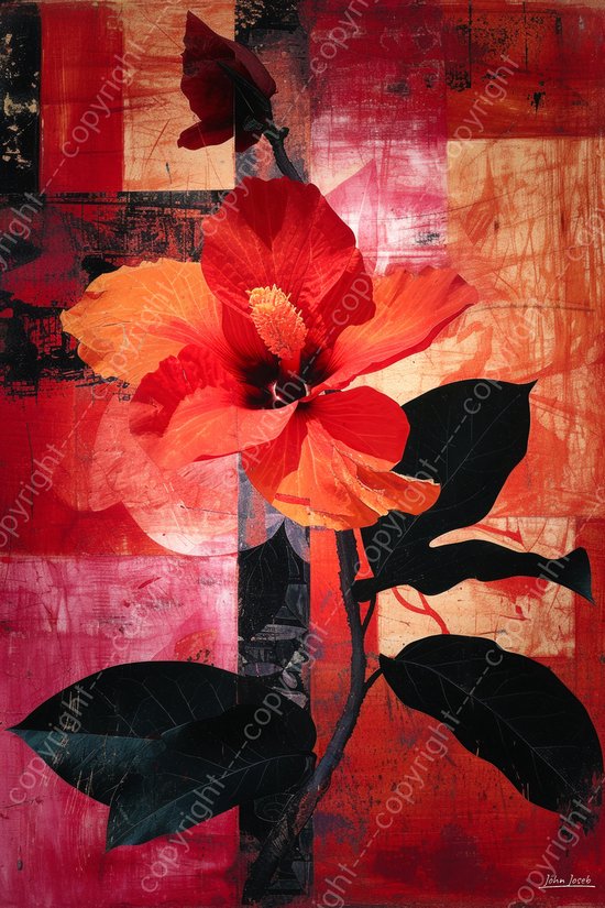 JJ-Art (Glas) 120x80 | Bloem in rood, abstract, kunst | plant, stilleven, rood, wit, modern | Foto-schilderij-glasschilderij-acrylglas-acrylaat-wanddecoratie