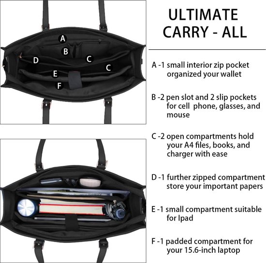 Zwarte laptoptas met meerdere vakken. Binnenkant: 1 ritsvak, 2 pennenhouders, 2 steekvakken, 2 open vakken voor A4, 1 ritsvak en 1 gevoerd laptopvak.