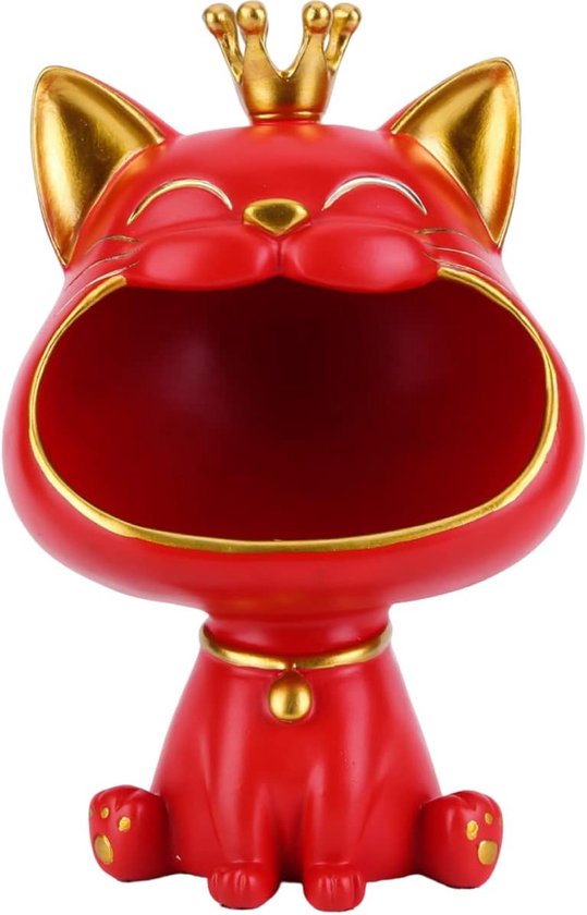 Lachende kattenfiguren, standbeeld, grote mond kat opbergdoos, Maneki Neko Fortune Cat sculptuur, gelukkige katten opbergdoos, kittensleutelschaal, sieraden dienblad (rood)