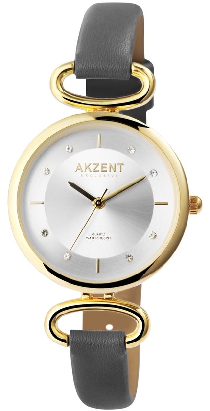 Akzent-Dames horloge-Analoog-Rond-33MM-Goudkleurig-Grijs lederen band.