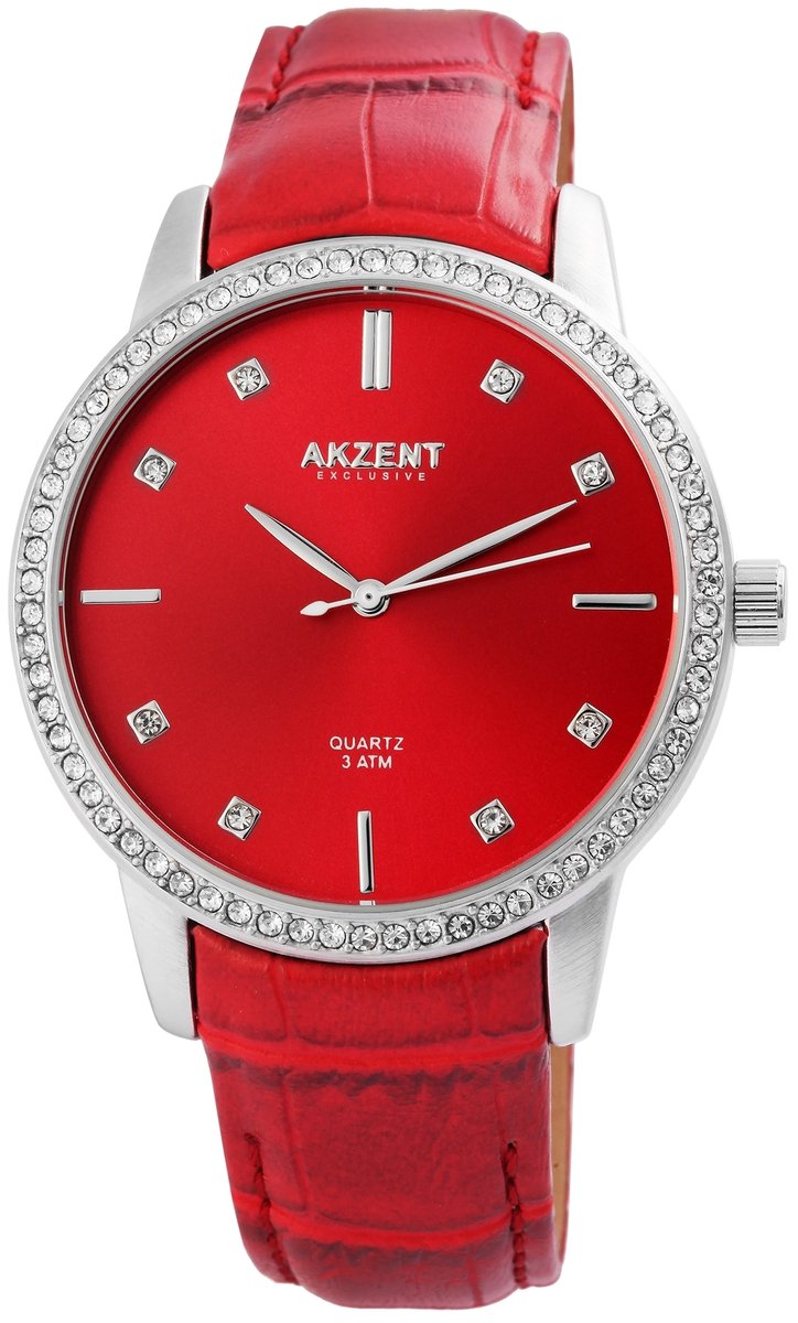 Akzent-Dames horloge-Analoog-Rond-42MM-Zilverkleurig-Rood lederen band.