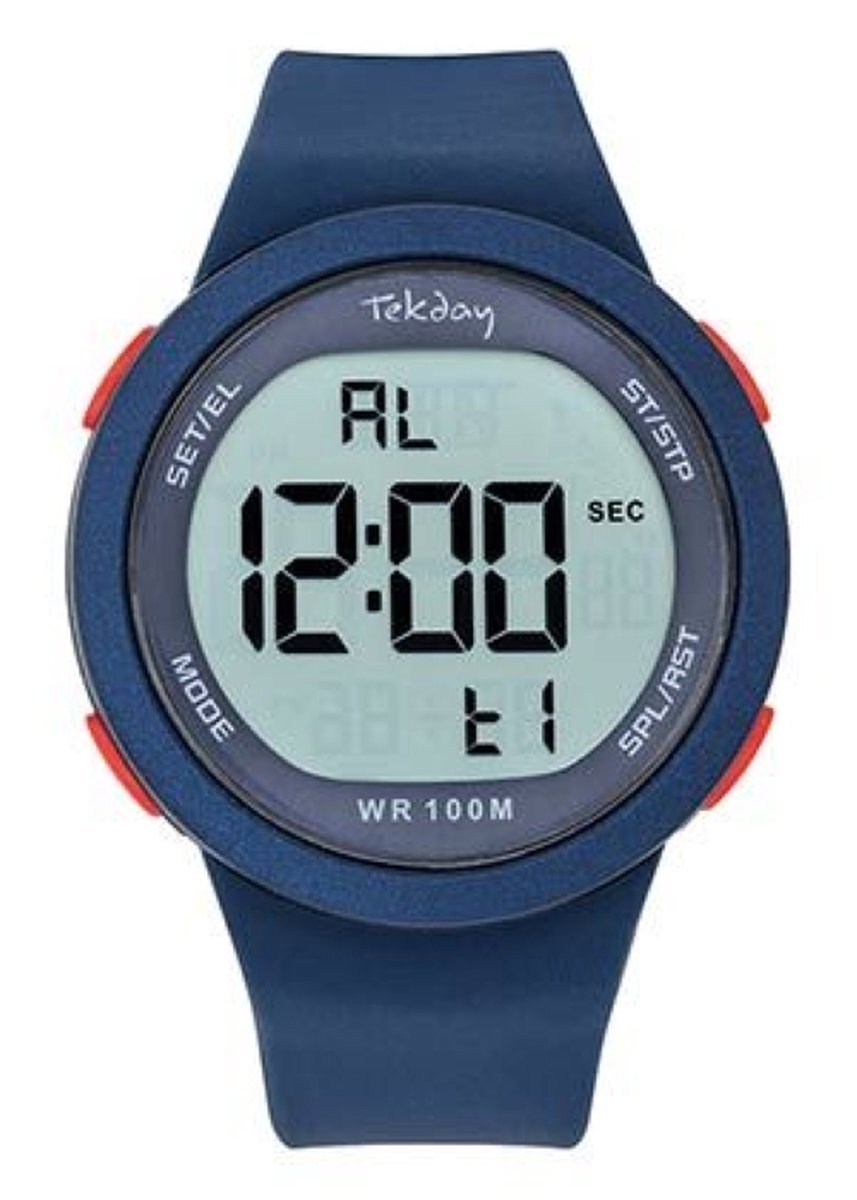 Tekday-Digitaal-Alarm-Timer-Chrono-EL-Datum-10ATM-Blauwe silicone band-45MM