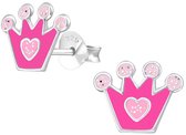 Joy|S - Zilveren kroontje oorbellen - 9 x 8 mm - roze met glitter - oorknoppen voor kinderen