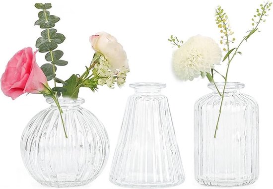 Vazen kleine glazen vazen, tafeldecoratie, 3-delige set, transparant, verschillende vormen, vazen, bruiloft, tafeldecoratie, kleine vazen voor tafeldecoratie, kleine vazen voor thuis, evenementen, tafel