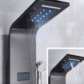 Colonne de douche Douche en saillie SaniSupreme® Sicily avec douchette à main et à pied LCD Premium noir mat avec 6 jets, cascade, robinet à bec