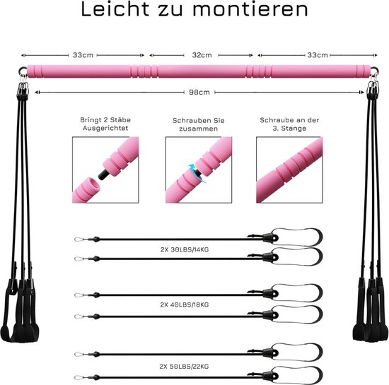 ALongSong Elastiques de usculation Barre de Pilates avec 6 Bandes de