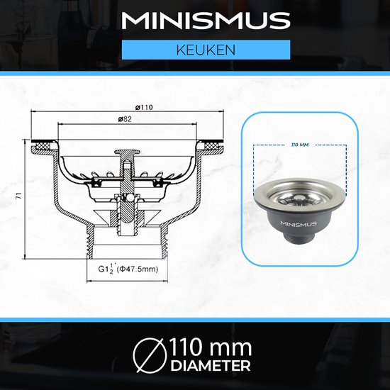 Minismus Gootsteen Ø110 mm Buitendiameter Afvoer met Korfplug voor Spoelbak - Zonder Overloop - Minismus