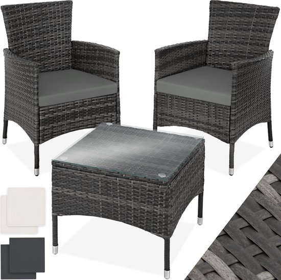 tectake® - wicker meubelen tuinset met verwisselbare hoezen, 2 stoelen en tafel met glazen blad, 2x outdoor loungestoelen met armleuningen en tuintafel, tuinmeubelset, balkonmeubilair - - grijs - poly-rattan