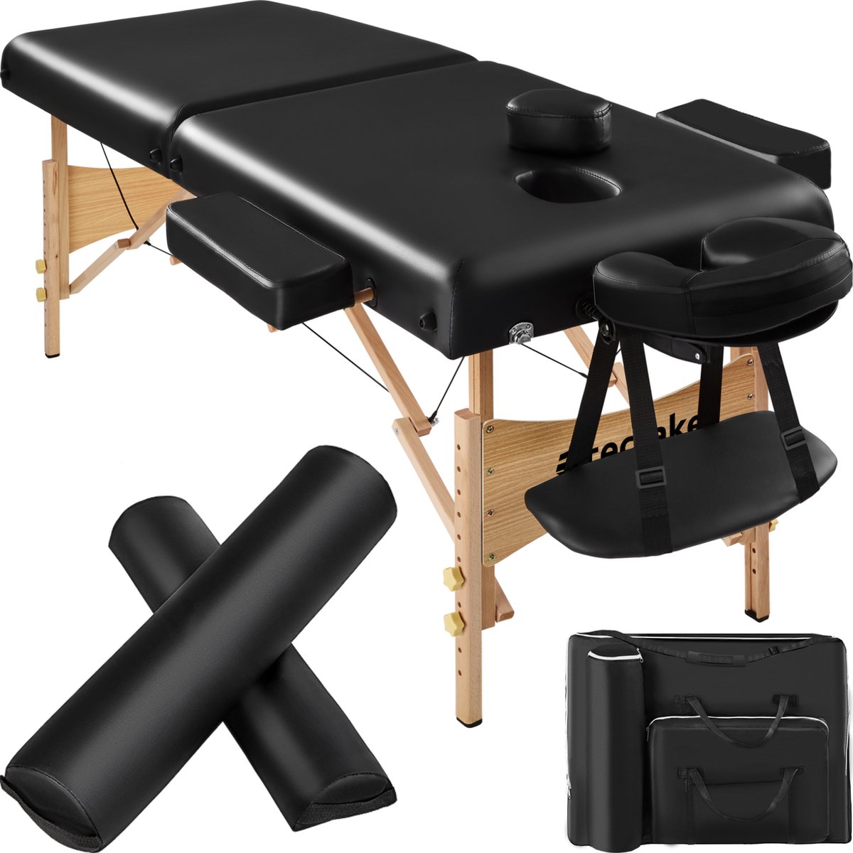 tectake® Massagetafel - 2 Zones - Behandeltafel - 7,5 cm Matras - Inclusief Rolkussens en Draagtas - Behandelbank - Opvouwbaar - Verstelbaar - Zwart