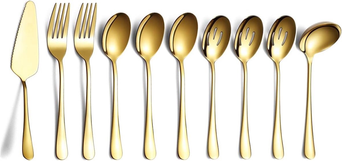 Gouden 10-delige serveerbestekset, roestvrijstalen serveerset met gleufschep, opscheplepel, taartschep, serveervork, soeplepel