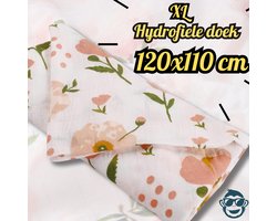 BoefieBoef XL Hydrofiele Doek 120x110cm - Zachte Bamboe Swaddle, Inbakerdoek, Mousseline Doek voor Baby's en Newborns 0 tot 12 maanden - Lila Roos - Dubbellaags, Ademend en Absorberend - Kerst en KraamCadeau - - Duurzaam - Babydeken - Bloem Roze Wit