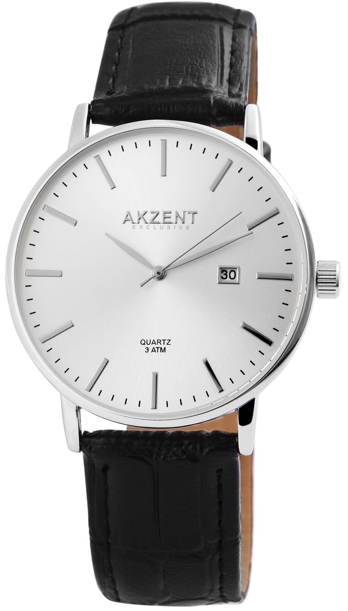 Akzent-Heren horloge-Analoog-Rond-42MM-Zilverkleurig-Zwart lederen band.