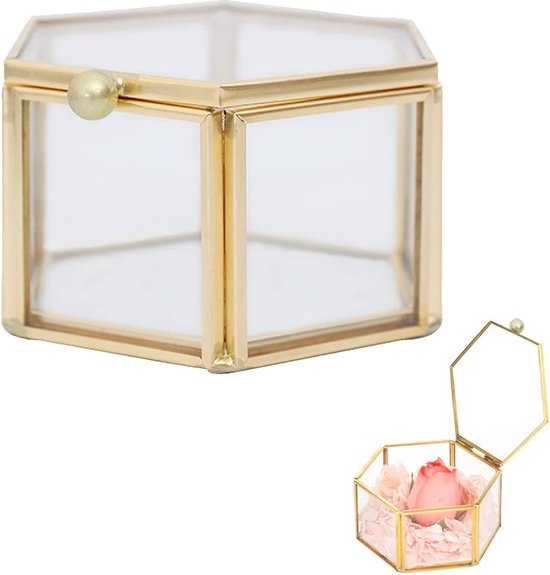 Sieradendisplay decoratieve doos, geometrische juwelendoos, gouden glazen sieraden snuisterij kleine doos, zeshoek glazen juwelendoos, voor opslag en display ringen, oorbellen en bloem