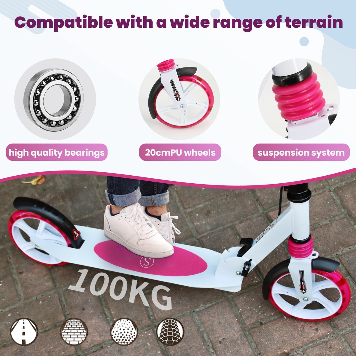 Sefaras Step voor Volwassenen - Kinderstep met Rem - Opvouwbaar - Autoped - Max 110KG - Vering - Met grote wielen - Roze — afbeelding 7