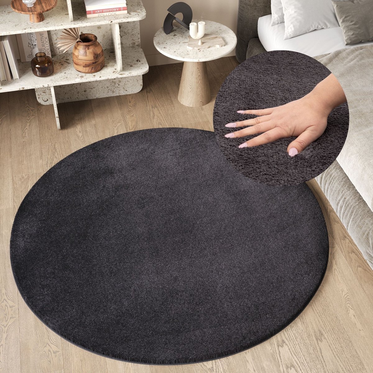 Tapiso Cuddle Rond Vloerkleed Antraciet Hoogpolig Shaggy Tapijt Maat- 160x160 Antraciet Rond