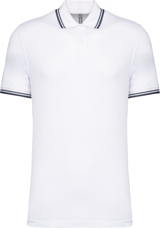 Wit Kariban poloshirt met korte mouwen, marineblauwe en grijze strepen op de kraag en mouwboorden.