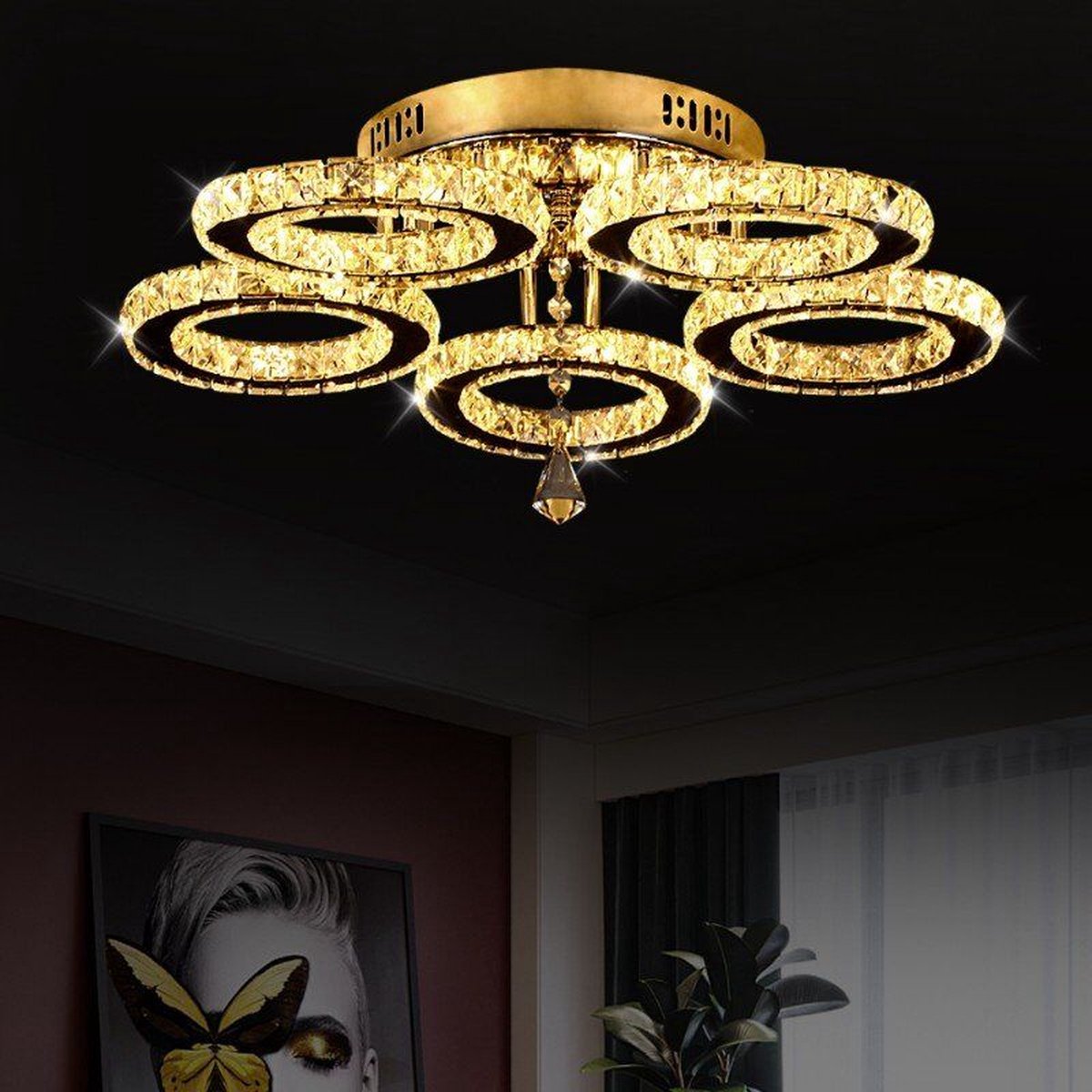 LuxiLamps 5 Heads Plafonnière Dimbaar Met APP & Afstandsbediening Moderne 5 Ringen Chroom Kroonluchter Verlichting LED Crystal Plafondlamp 50W