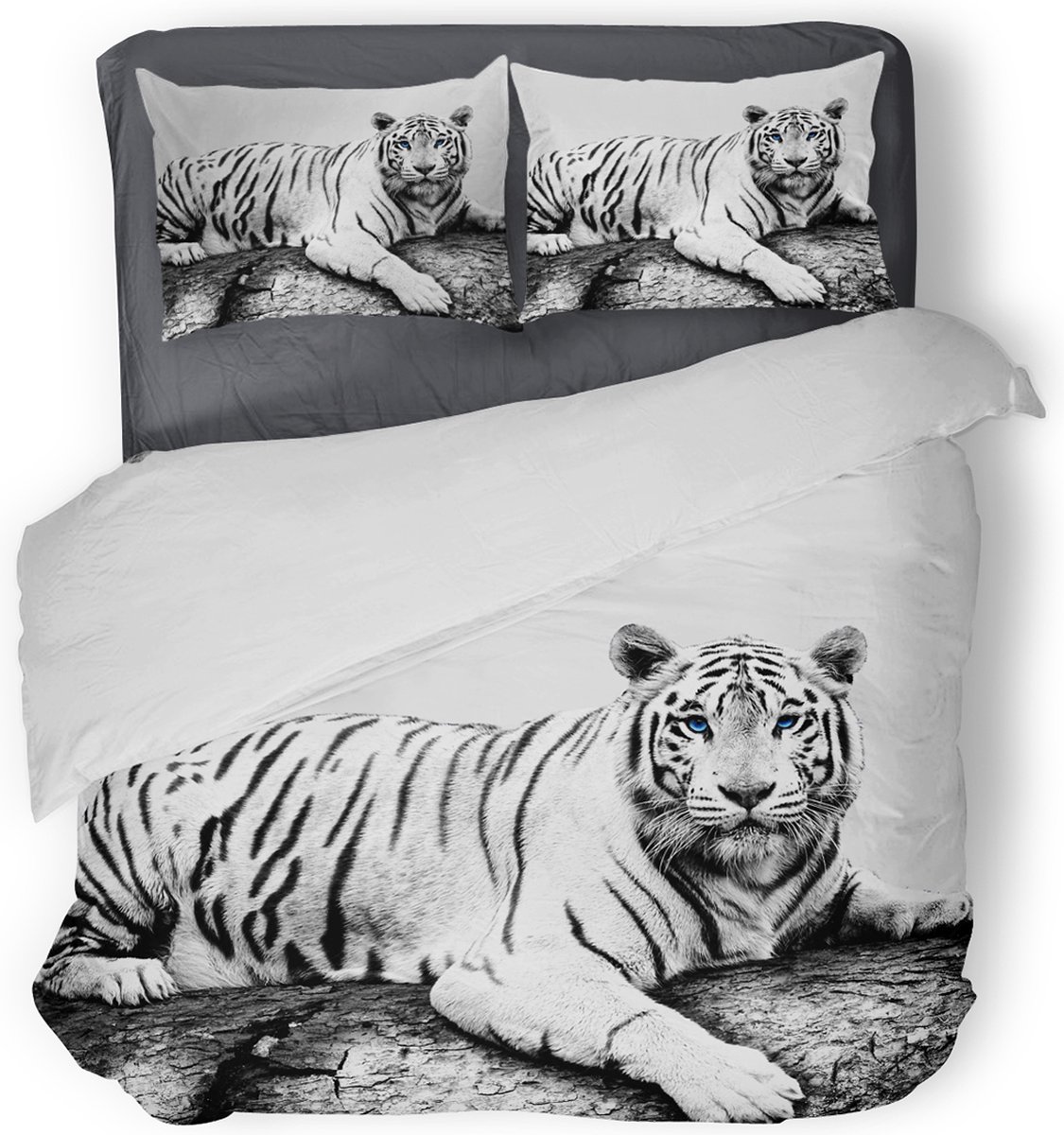 Eleganzzz Dekbedovertrek White Tiger - wit - Dekbedovertrek 240x200/220cm - Micropercal - Lits Jumeaux - Dekbedovertrekken - Tijger Dekbedovertrek