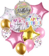 Ballonnen set multi color - Happy Birthday - 12 stuks - Roze - Wit- Goud -Verjaardag - Versiering - Themafeest - Kinderfeestje - Helium - Folie Ballon - Sweet 16 - Meisje - Girl - Vlinder - Butterfly - Dieren - Unicron -