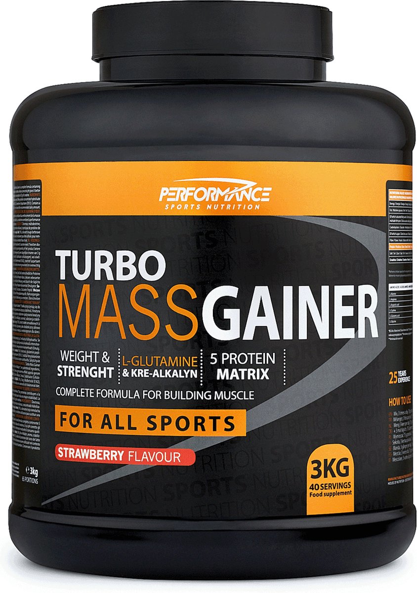 Goedkoopste Turbo Mass Gainer (Strawberry - 3000 gram) - Performance - Weight gainer - Mass gainer - Sportvoeding - 40 shakes