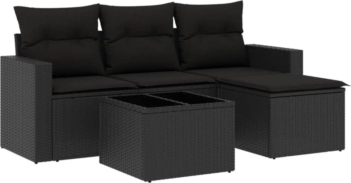 vidaXL 5-delige - Loungeset - met - kussens - poly - rattan - zwart