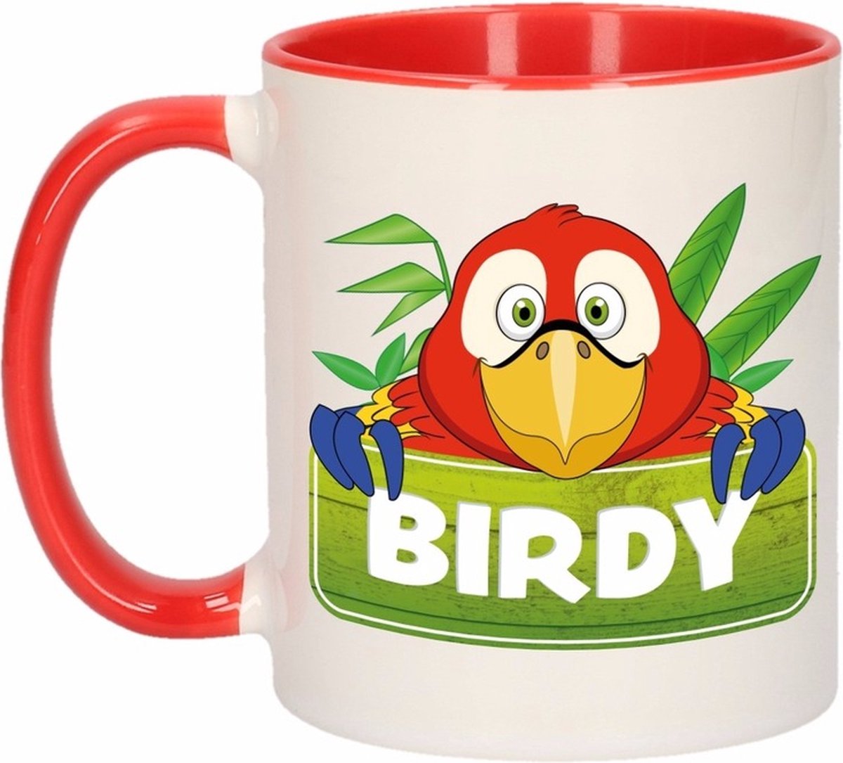 Birdy mok - rood/wit - keramiek - 300 ml - kinder beker papegaai