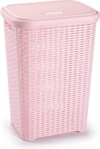 Grand panier à linge/panier de rangement en rotin avec couvercle 60 litres de couleur rose clair - Plastique - L35 x W43 x H62 cm - Paniers à linge