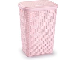 Plasticforte Wasmand met deksel - 60 liter - lichtroze - rotan - kunststof - L35 x B43 x H62 cm