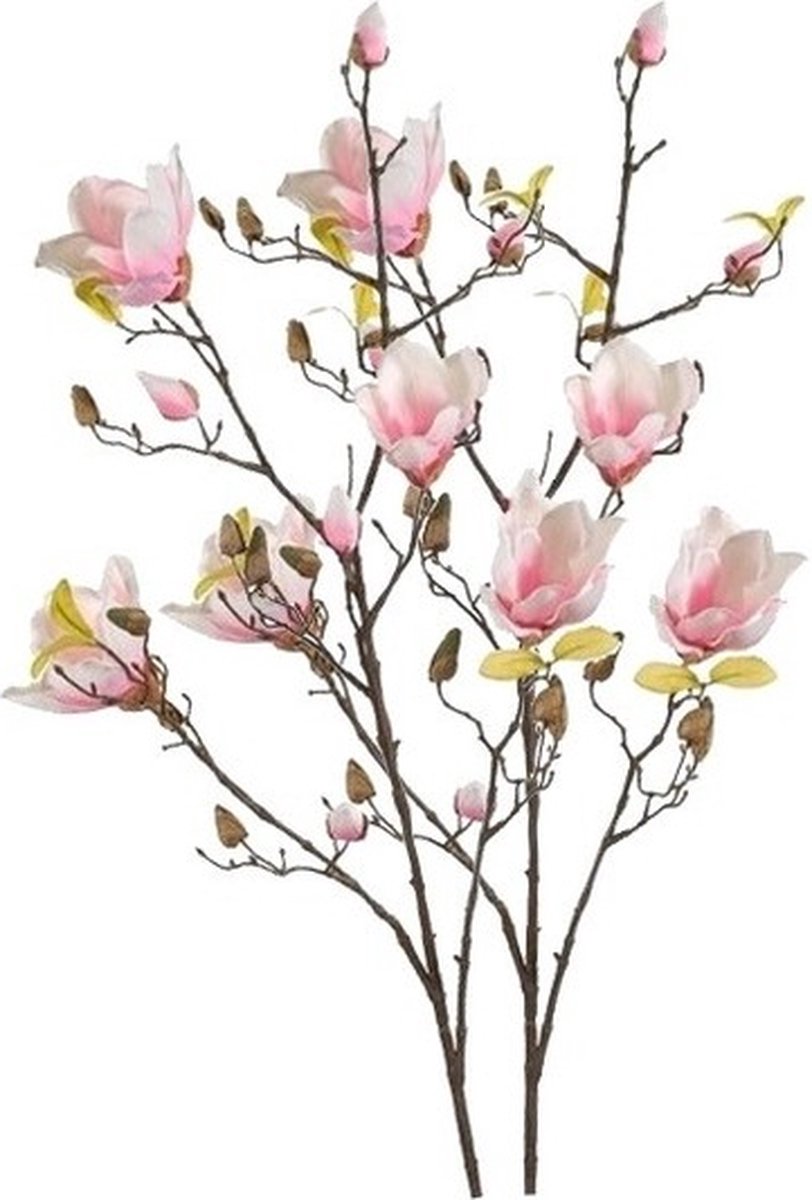 Bellatio Flowers & Plants Kunstbloem - 2x - Magnolia - op tak - 105 cm - roze - sierbloemen - decoratie