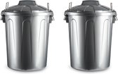 2x stuks kunststof afvalemmers/vuilnisemmers zilver 21 liter met deksel - Vuilnisbakken/prullenbakken - Kantoor/keuken