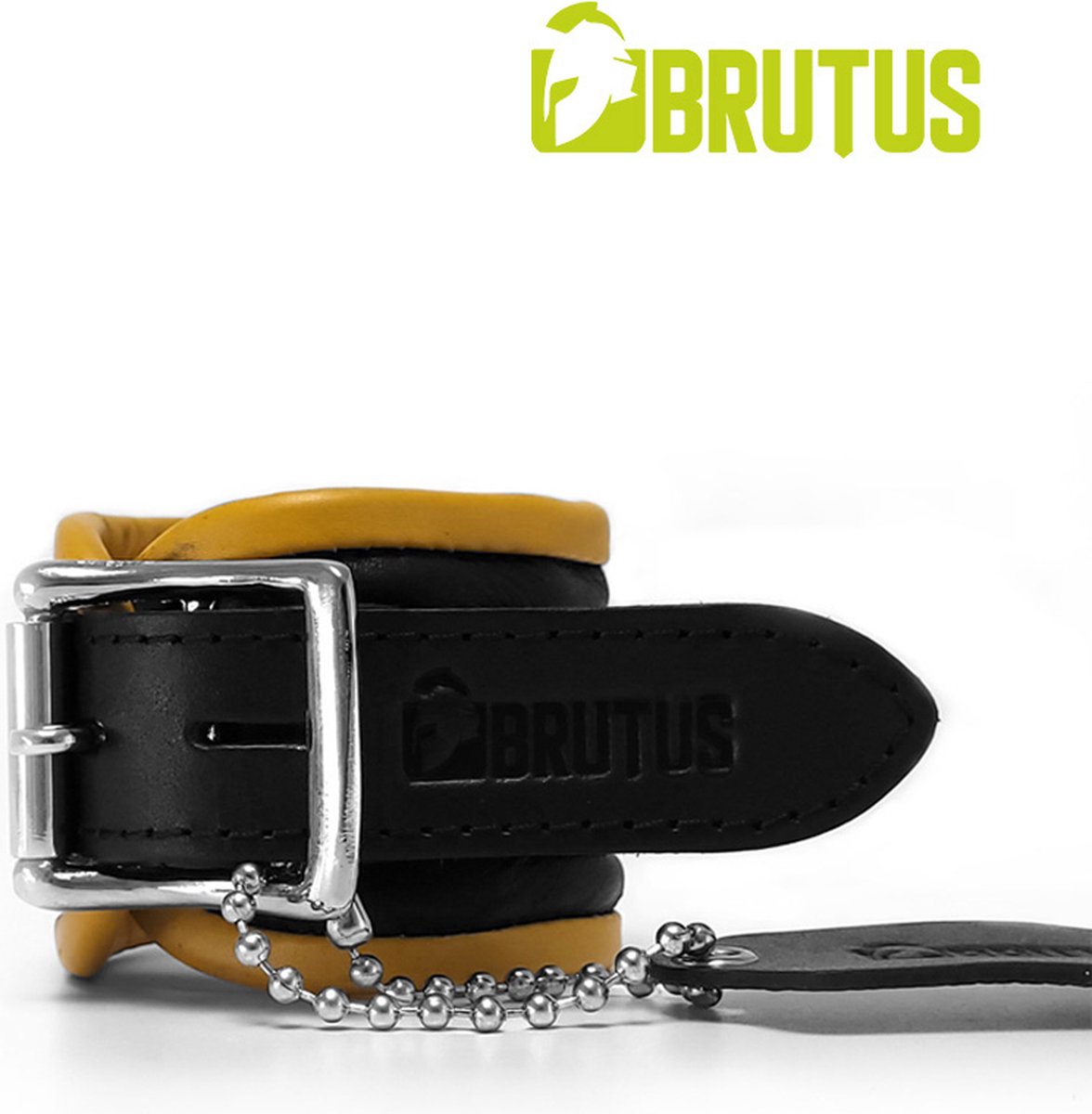 Goedkoopste BRUTUS LEATHER - Leren Polsbeperkingen Handboeien - Zwart/Geel