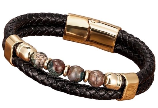 Bracelet Homme - Pierres - Cuir et acier inoxydable - Longueur 21 cm - Grijs et Doré
