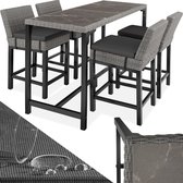 tectake® - wicker bartafel met barkrukken , buitenbalkonmeubilair, tuinmeubelset met bartafel en 4x barstoelen met rugleuning, balie in marmerlook, voor tuin, terras, balkon - grijs - poly-rattan