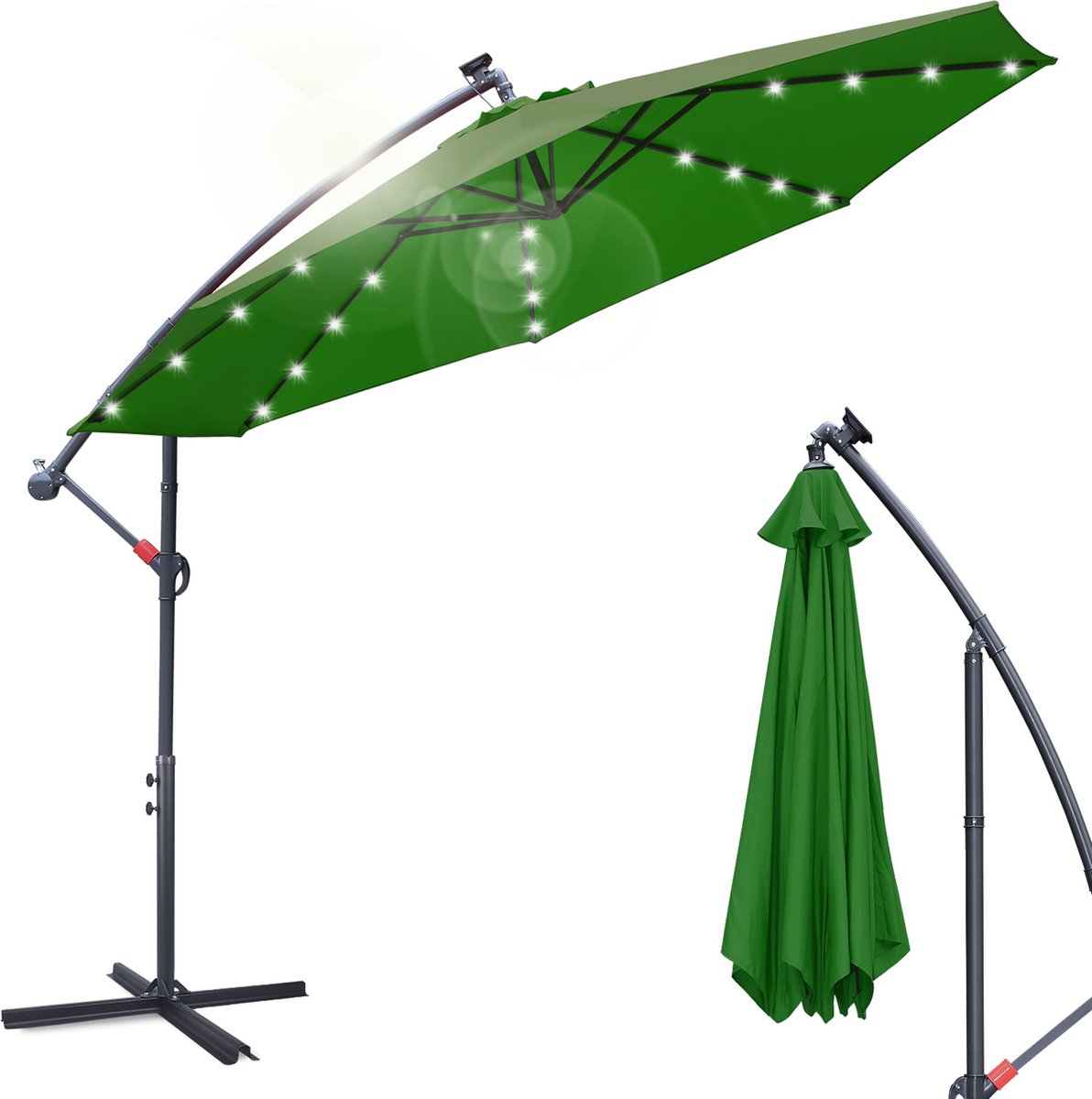 Zweefparasol Ø 350cm in groen met Solar LED verlichting en 360° draaifunctie.