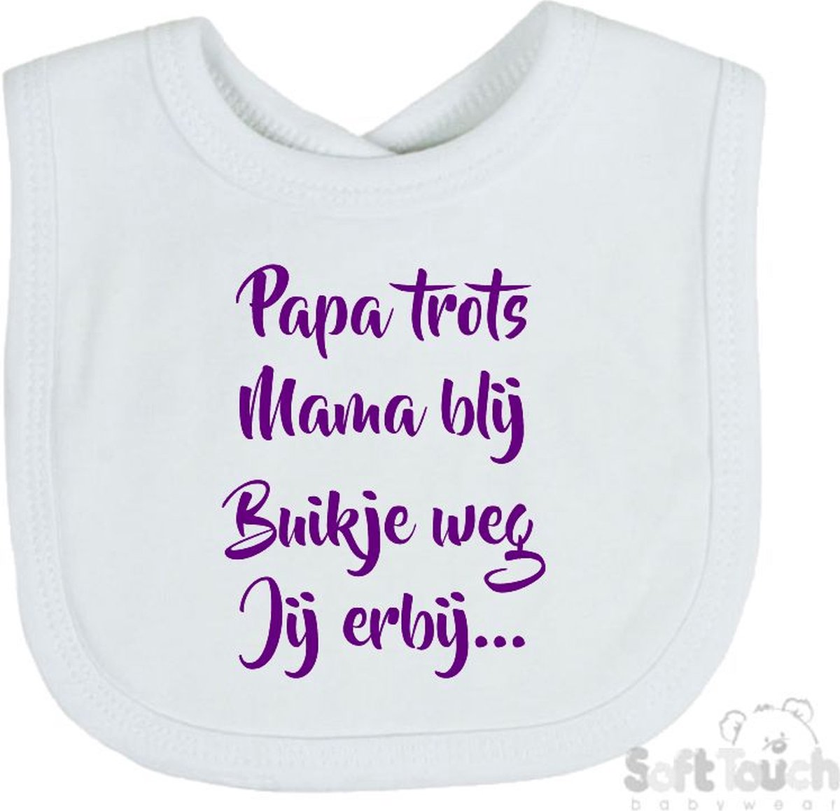 Goedkoopste Soft Touch Slabber Slabbetje Slab Papa trots Mama blij Buikje weg Jij erbij... Unisex Katoen Wit/paars Maat 33x22 Cm