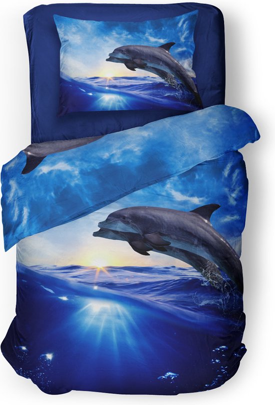 Eleganzzz Dekbedovertrek Dolphins - blauw - Dekbedovertrek 140x200/220cm - Micropercal - Eenpersoons - Dekbedovertrekken